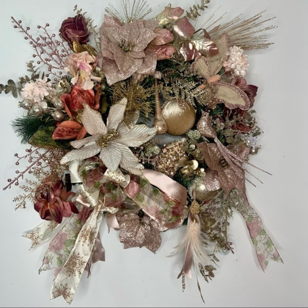 Rose Gold Blush Christmas Poinsettias Door Wall Wreath Romantic Victorian Wreath